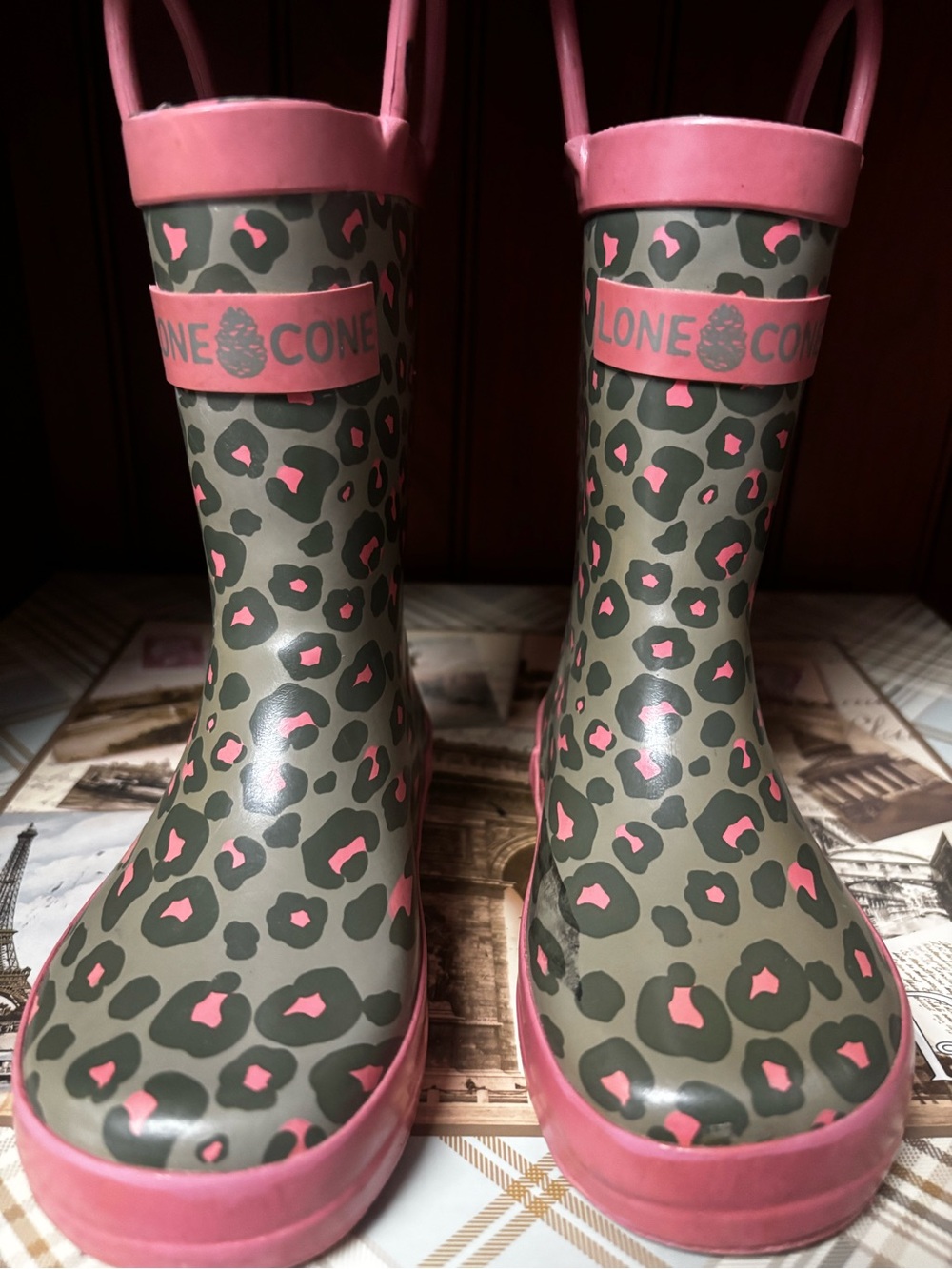 Kids Pink & Olive Leopard Rain Boots